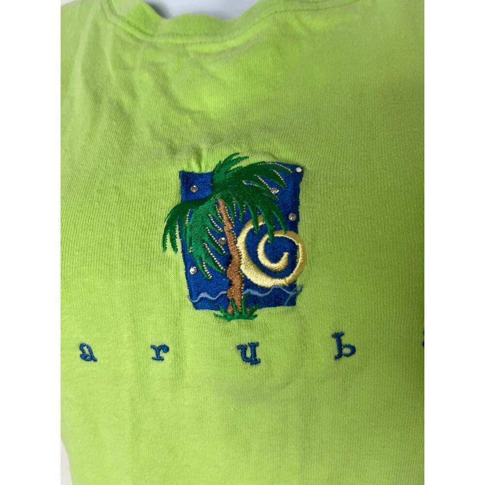 VTG Anvil Aruba Travel Baby Tee Sparkle Embroidered Souvenir Green Tropical sz S - Picture 3 of 5